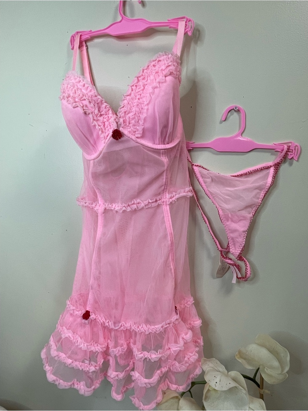 NWT Victoria's Secret Sheer Pink Ruffle Babydoll Slip & Thong Set 36C